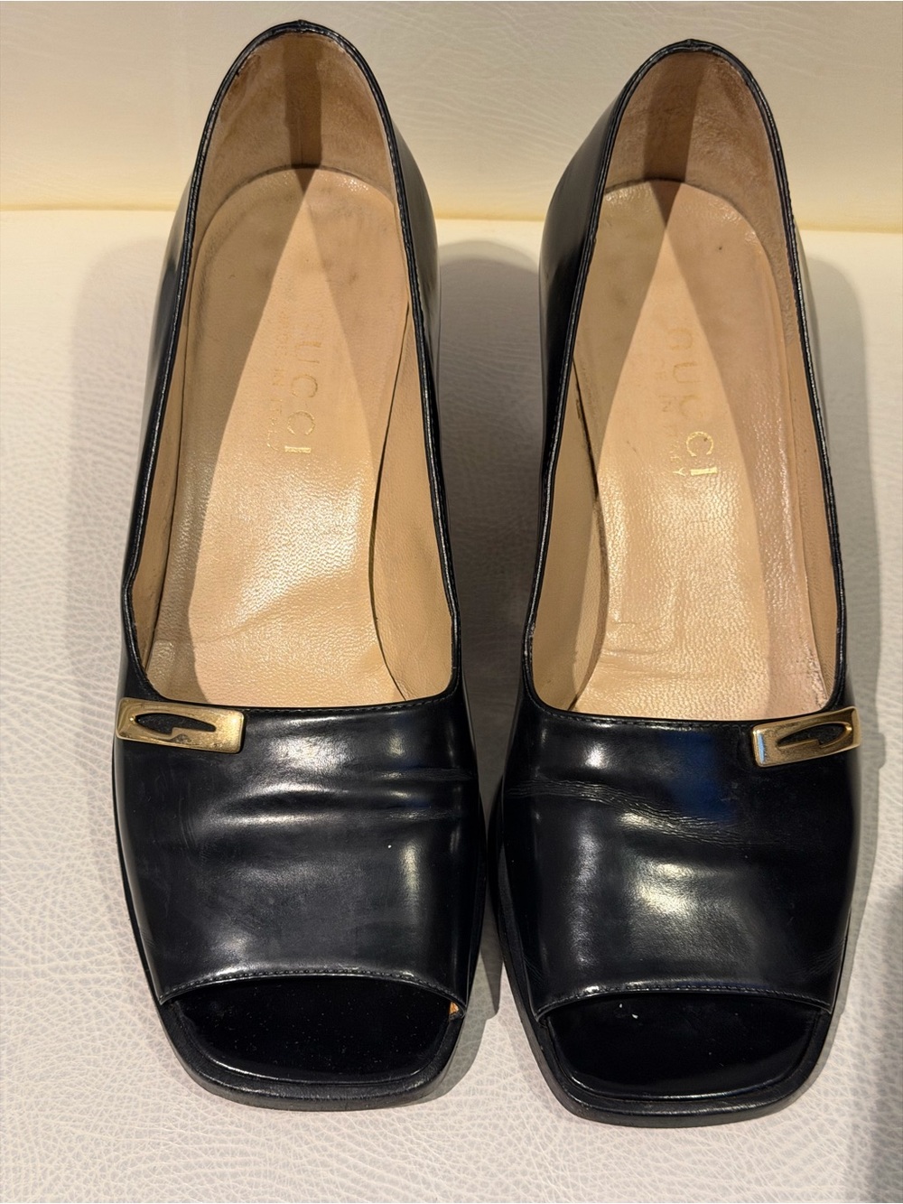 Gucci Black Leather Peep-Toe Pumps with Gold Accent